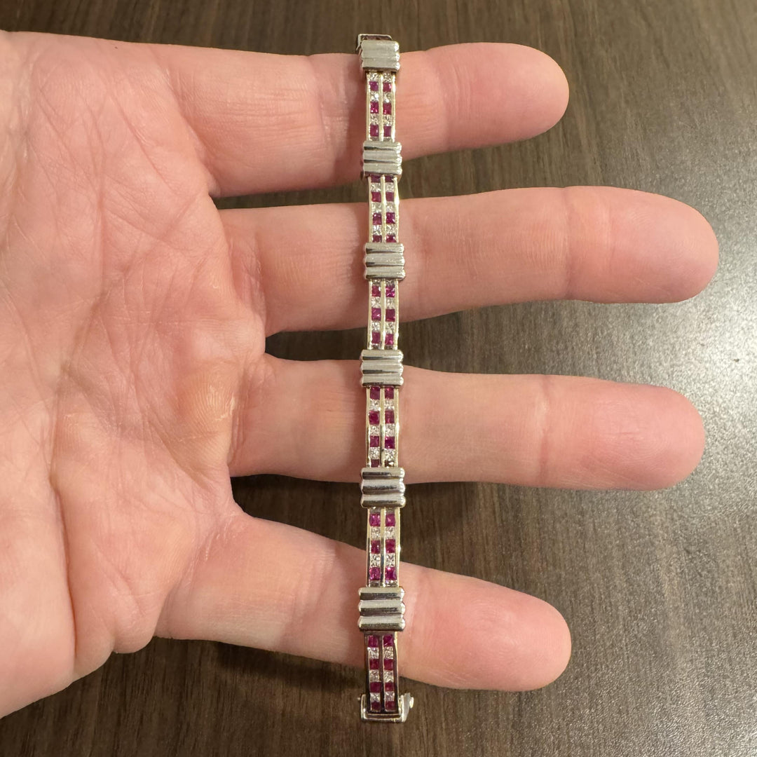 14k Yellow and White Gold Ruby and 2cttw Diamond Solid 18g Bar Link Bracelet 7"