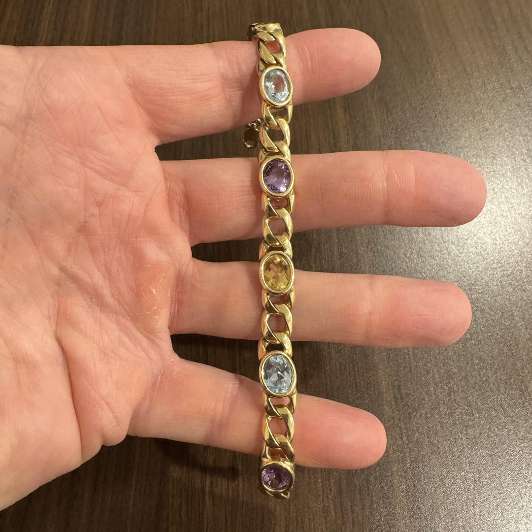 14k Yellow Gold 28.8g Heavy Bezel Set Multi Gemstone Curb Link Bracelet 8.5"