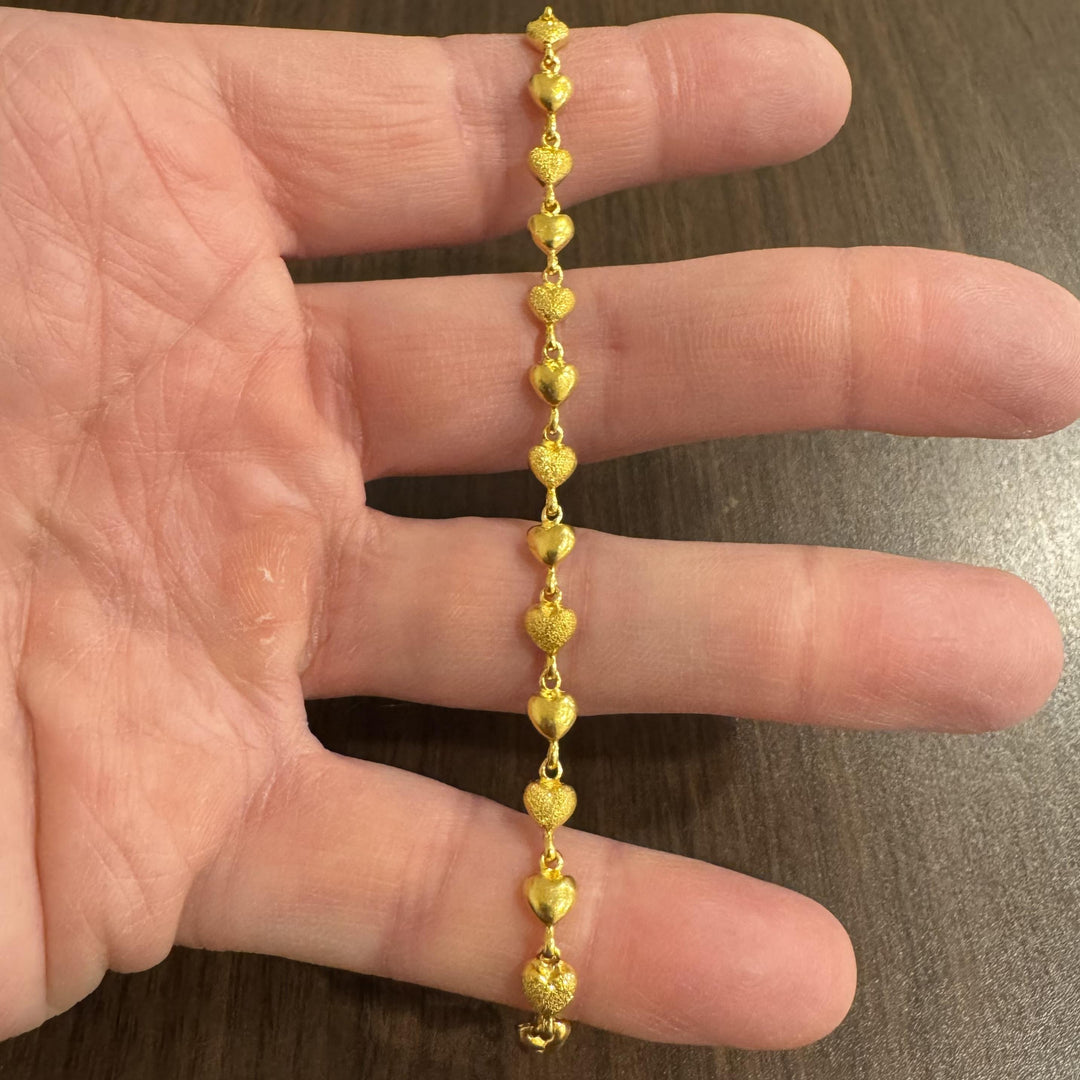 24k Pure Yellow Gold 10g Solid Ladies 5mm Fancy Heart Link Bracelet 6.75"