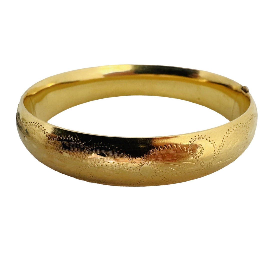 14k Yellow Gold 21.2g Vintage Wide 13mm Etched Bangle Bracelet 7.75"