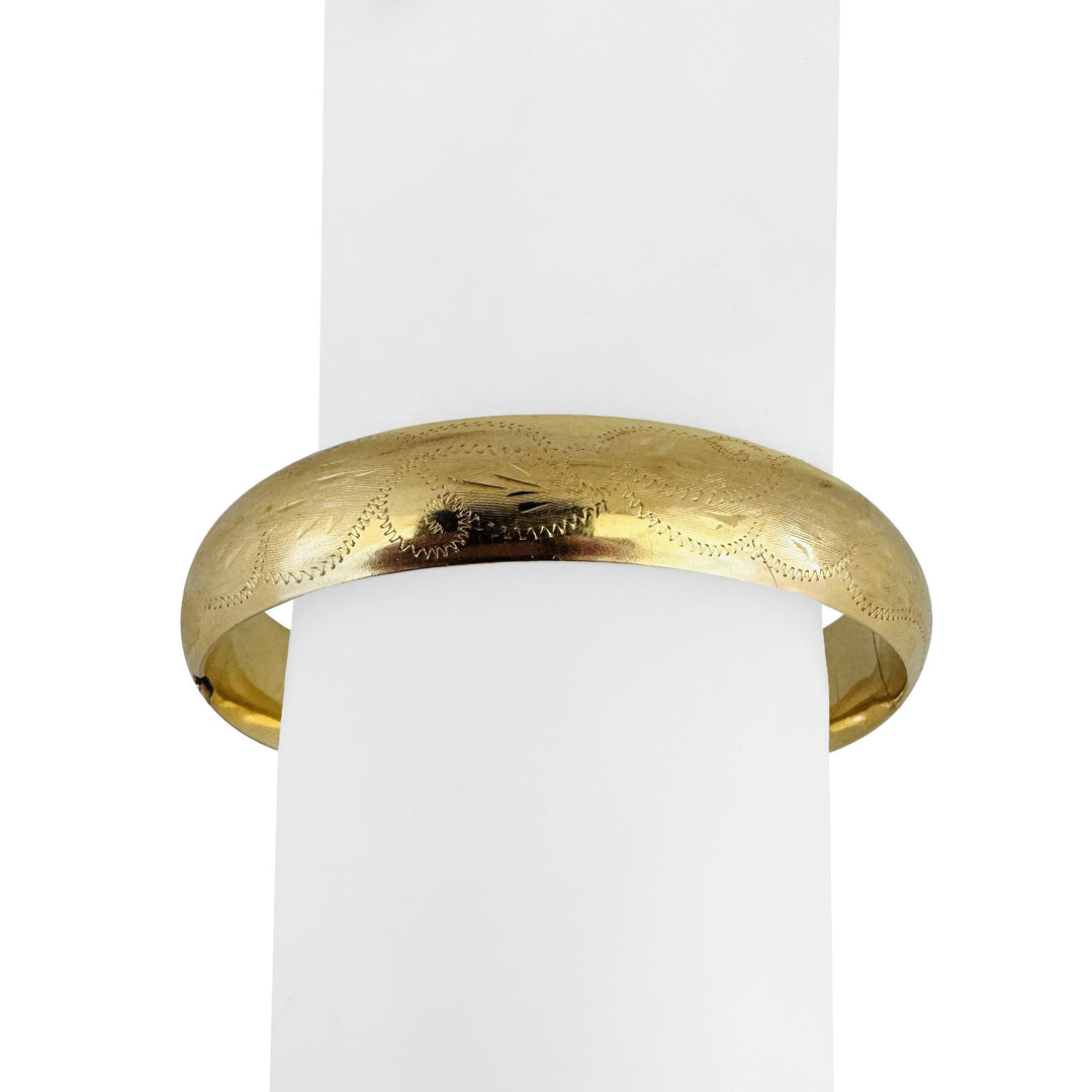 14k Yellow Gold 21.2g Vintage Wide 13mm Etched Bangle Bracelet 7.75"