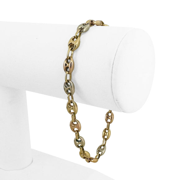 18k Tri Tone Gold 7.2g Ladies Puffy Mariner Link Bracelet Italy 7.5