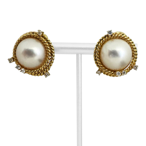 14k Yellow Gold Mabe Pearl and Diamond Vintage Clip On Earrings