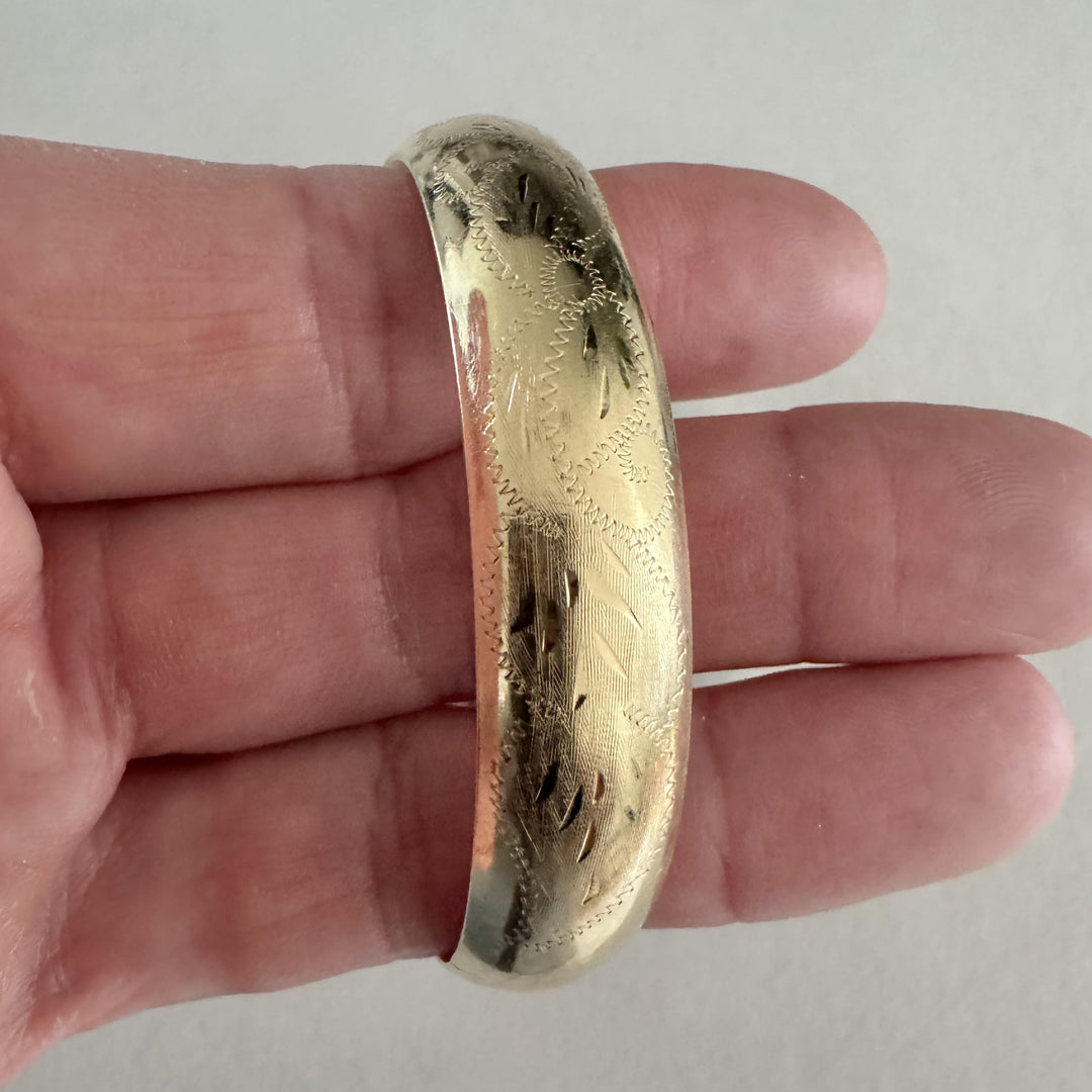 14k Yellow Gold 21.2g Vintage Wide 13mm Etched Bangle Bracelet 7.75"