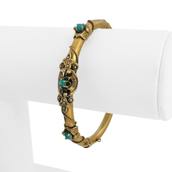 14k Yellow Gold 14.8g Turquoise and Seed Pearl Vintage Bangle Bracelet 6.5