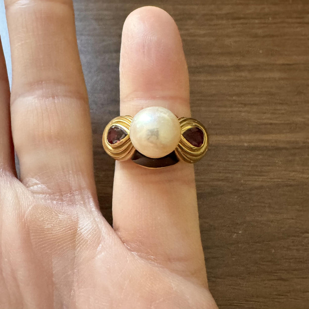 18k Yellow Gold Pearl Red Garnet and Enamel Vintage Ring Size 6.25