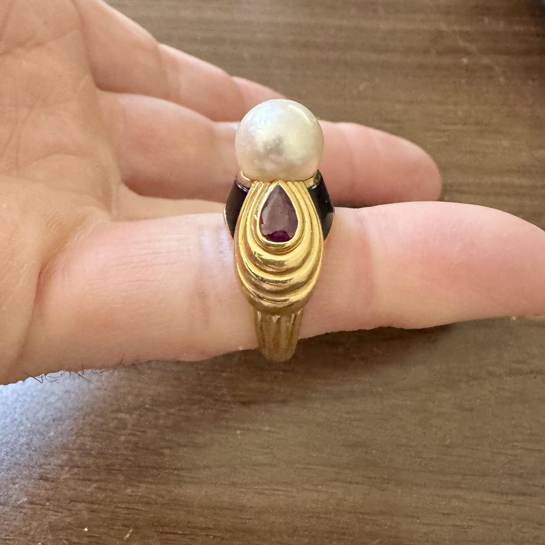 18k Yellow Gold Pearl Red Garnet and Enamel Vintage Ring Size 6.25