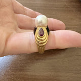 18k Yellow Gold Pearl Red Garnet and Enamel Vintage Ring Size 6.25