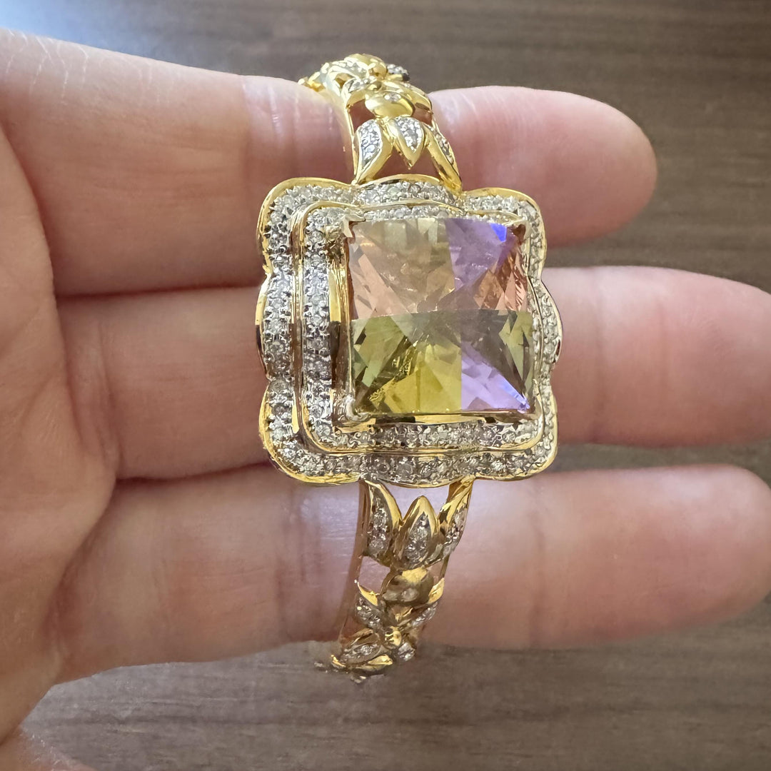 14k Yellow Gold Mystic Topaz and 1.25cttw Diamond Heavy Bangle Bracelet 7.25"