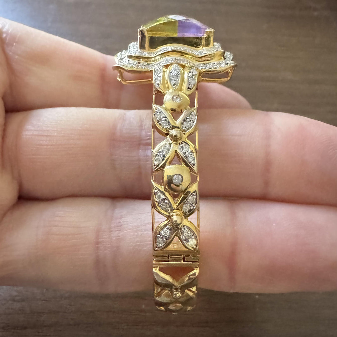 14k Yellow Gold Mystic Topaz and 1.25cttw Diamond Heavy Bangle Bracelet 7.25"