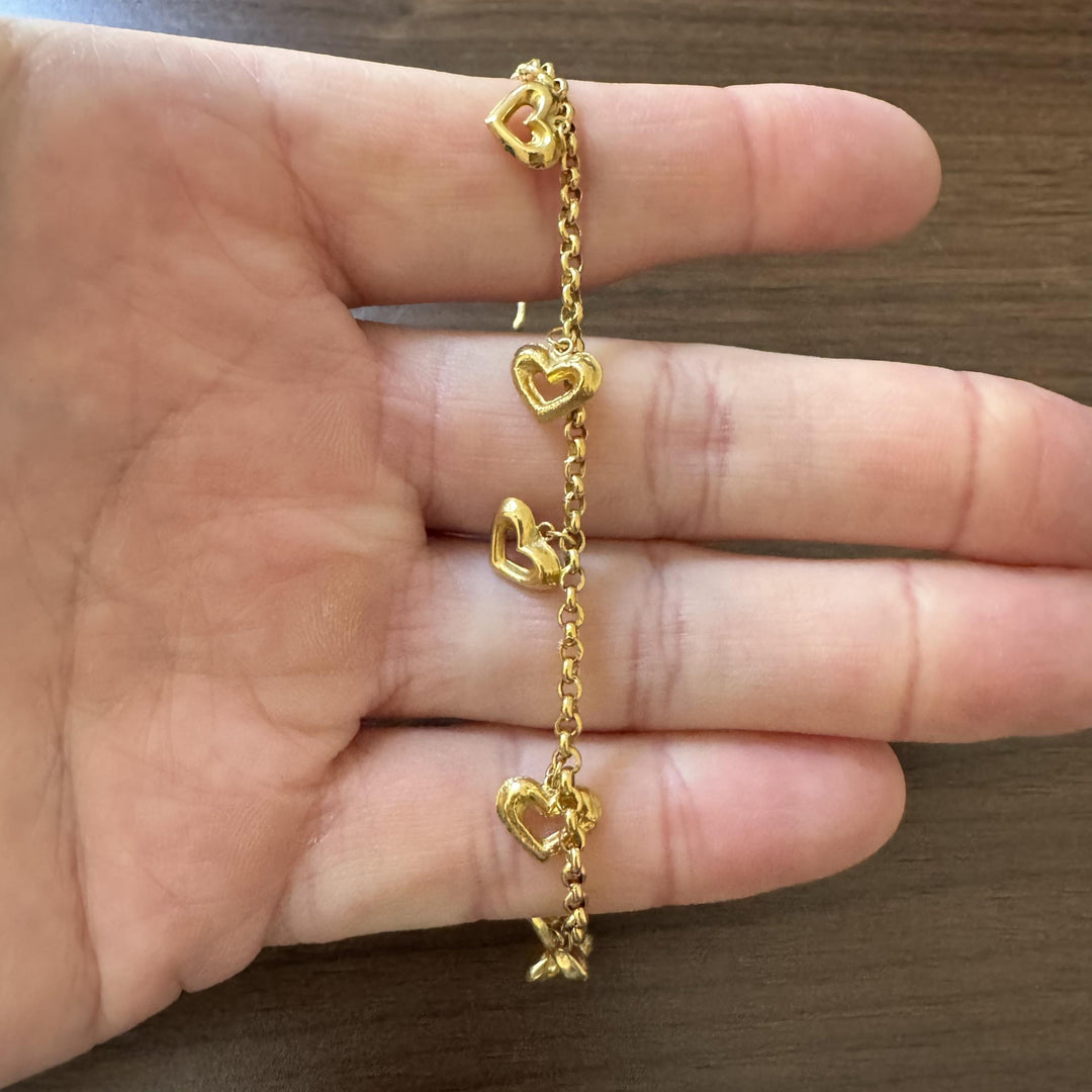 24k Pure Yellow Gold 7.6g Rolo Link Bracelet with Heart Charms 7"
