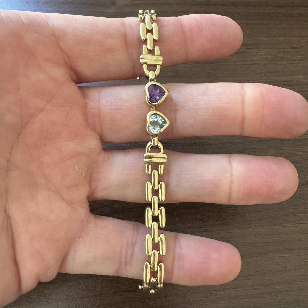 14k Yellow Gold 12.4g Heart Gemstone and Panther Link Bracelet Italy 6.5"