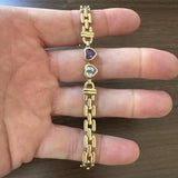14k Yellow Gold 12.4g Heart Gemstone and Panther Link Bracelet Italy 6.5"
