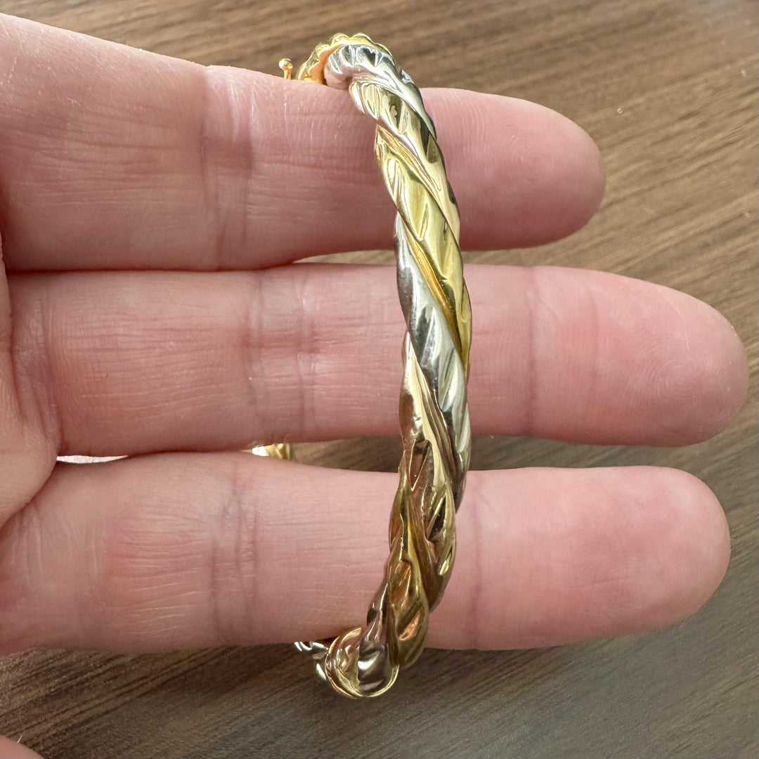 18k Tri Tone Gold 13g Vintage UnoAErre Spiral Bangle Bracelet Italy 7"