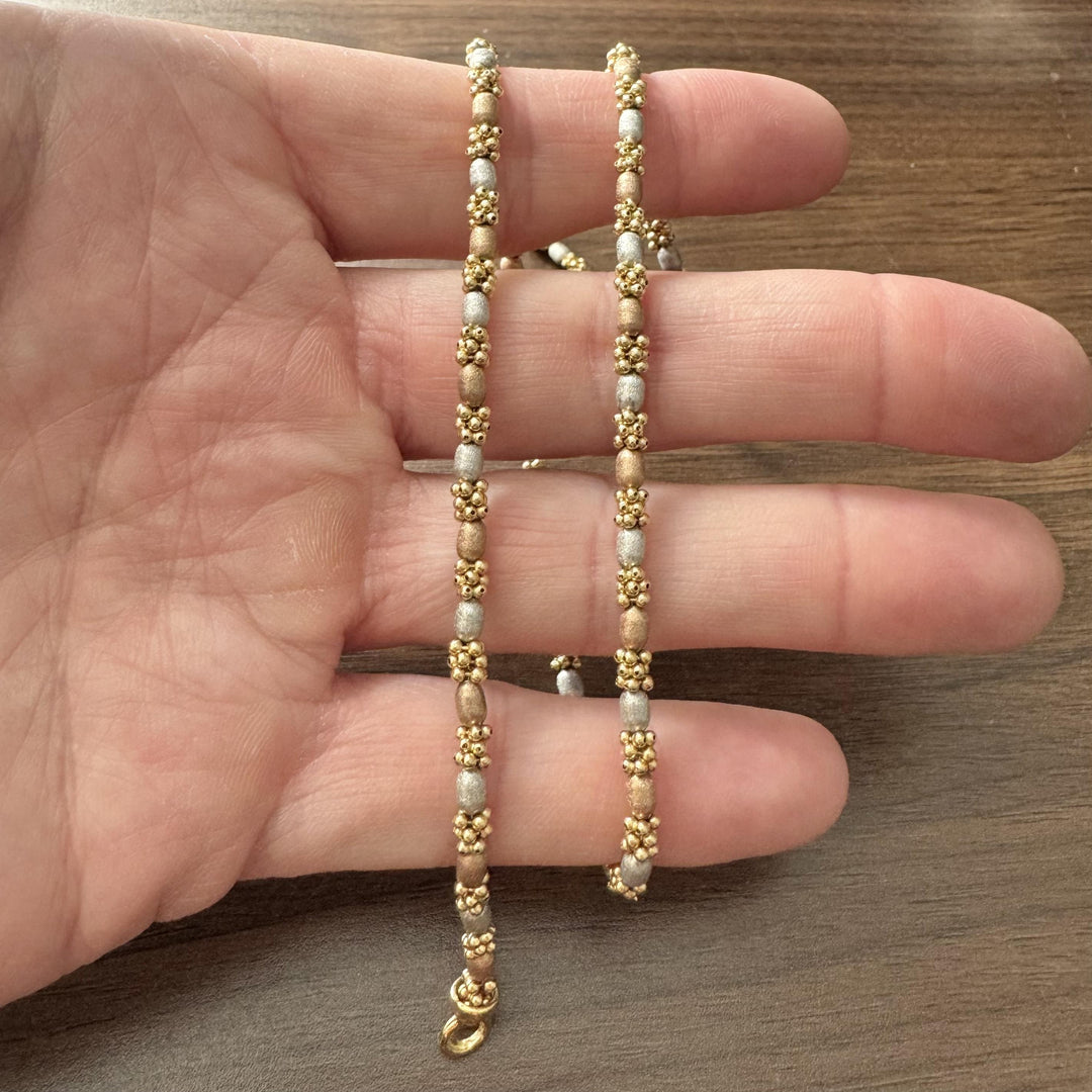 18k Tri Tone Gold 27g Solid Fancy Vintage Ball Bead Necklace Italy 17.5"
