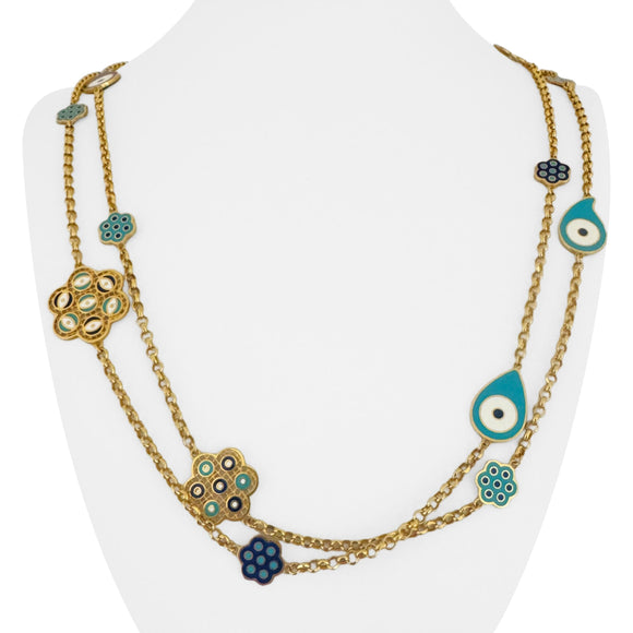 21k Yellow Gold and Enamel Very Long Evil Eye Rolo Link Station Necklace 62