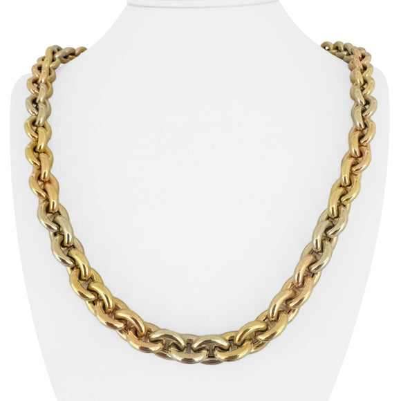 18k Yellow White and Rose Gold 68g Tri Tone Cable Link Necklace 24