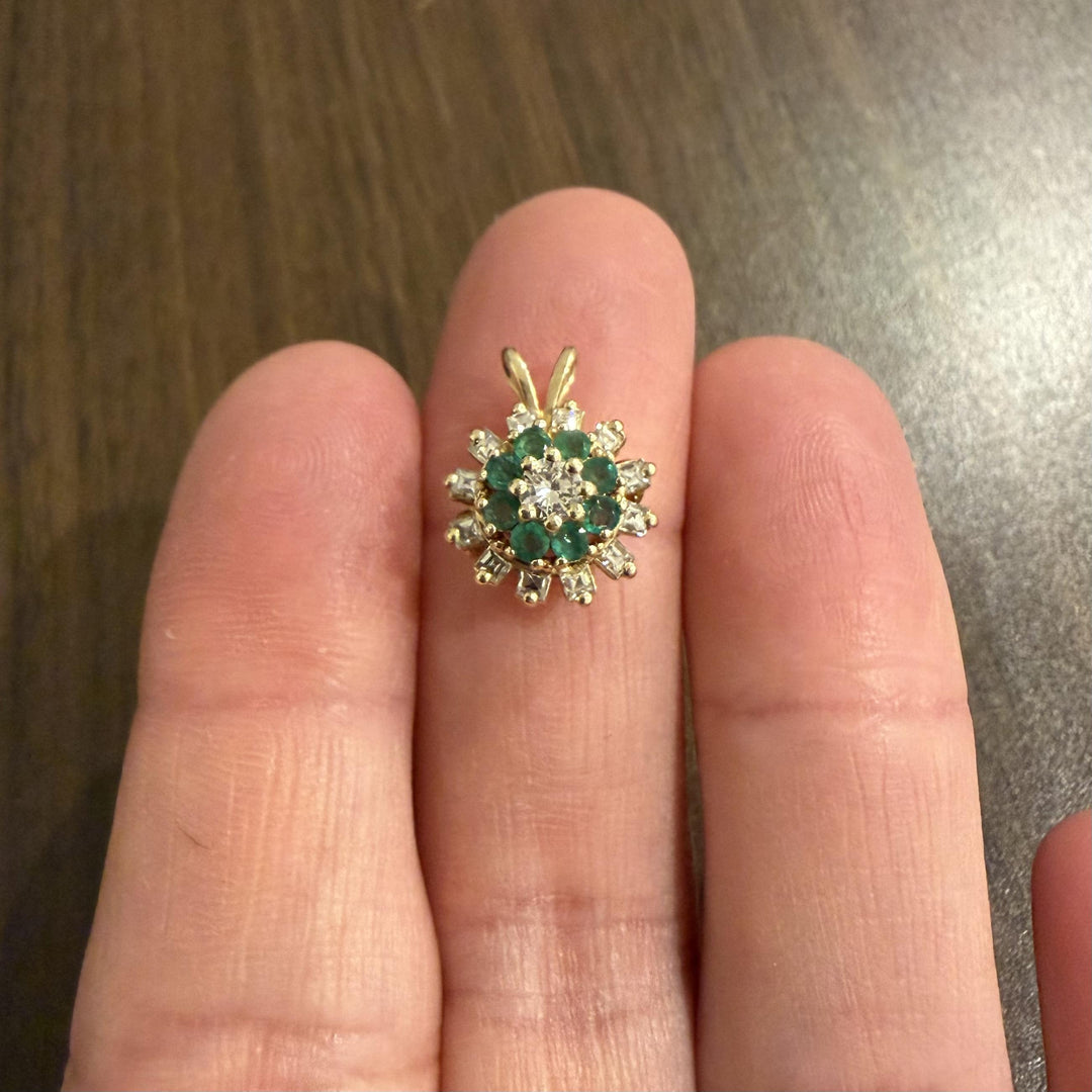 14k Yellow Gold Emerald and 0.50cttw Diamond Halo Pendant