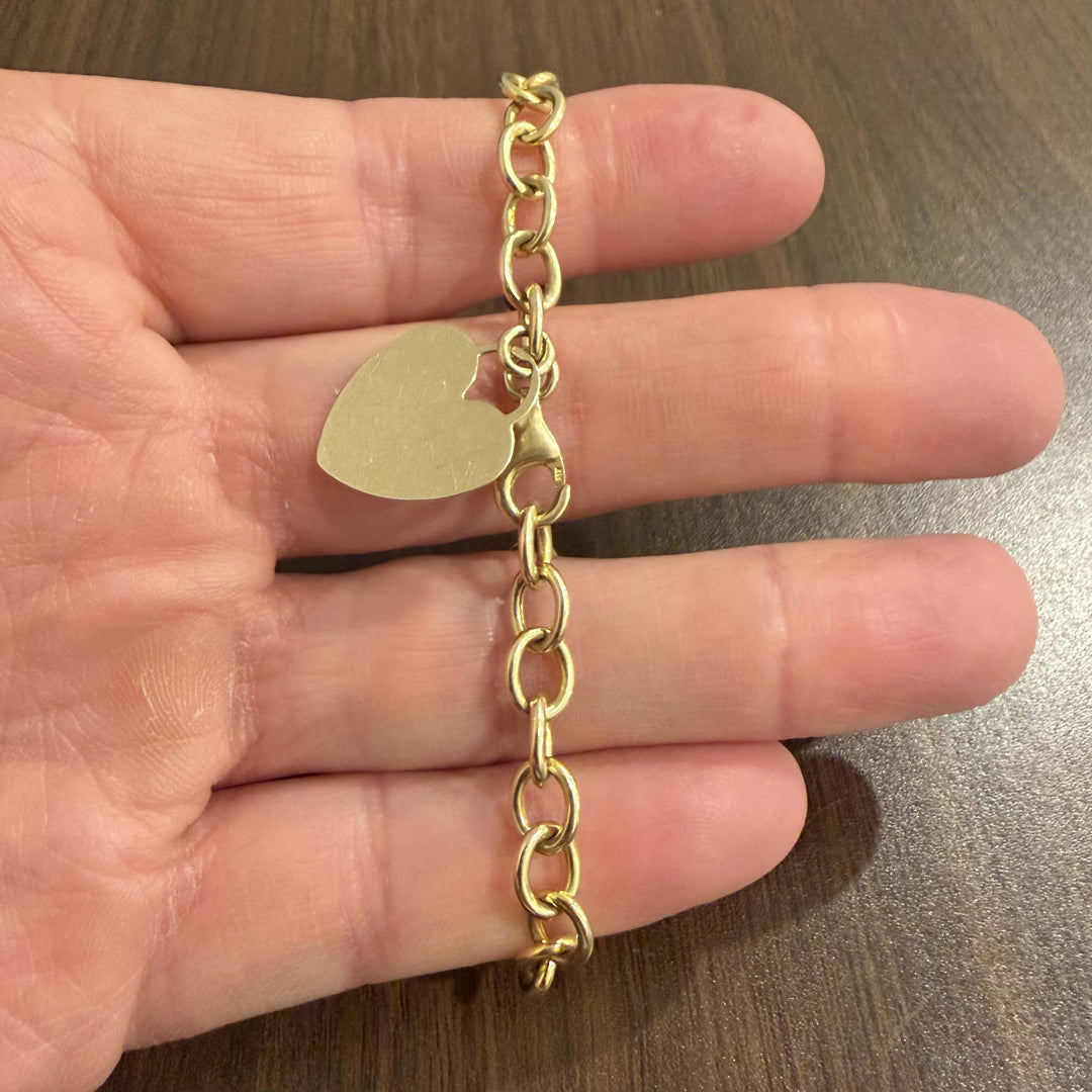 14k Yellow Gold 7.4g Hollow Cable Link Bracelet with Heart Charm 7.25"