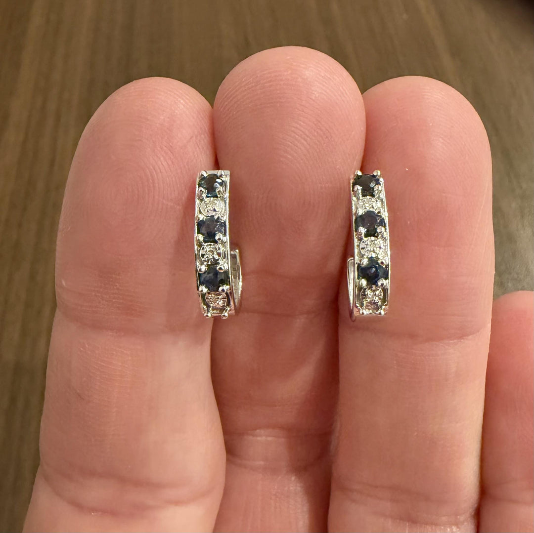 14k White Gold Blue Sapphire and Diamond Crescent Half Hoop Earrings