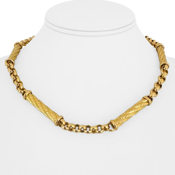 19k Portuguese Yellow Gold 30.5g Vintage Rolo and Bar Link Necklace 17