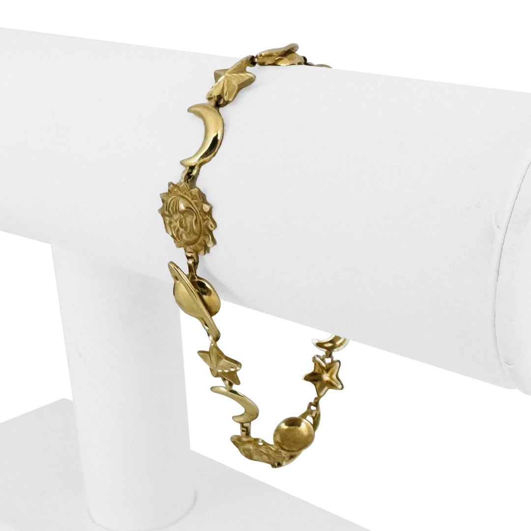 14k Yellow Gold 9.7g Moon Sun Stars Planets Charm Link Bracelet 7"