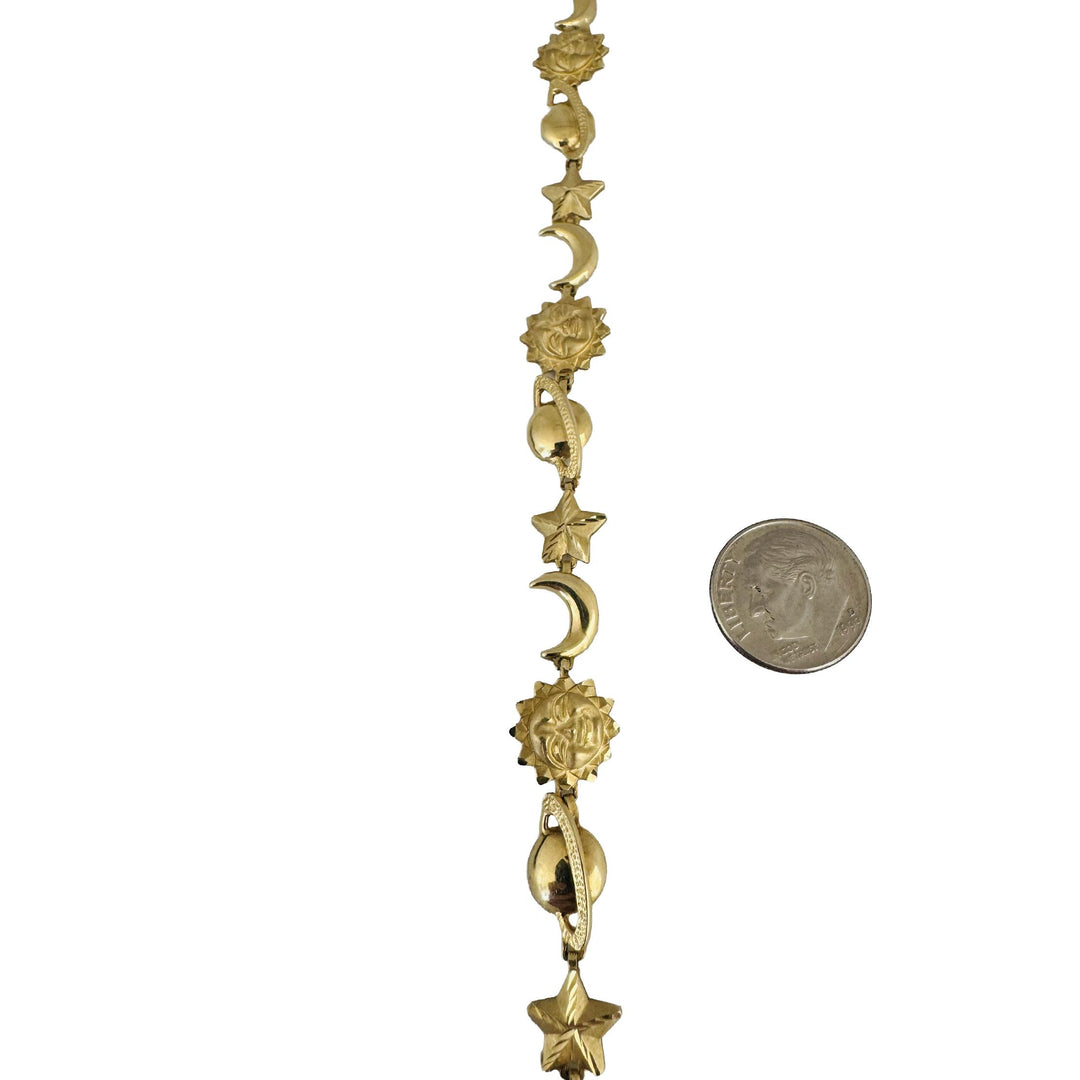 14k Yellow Gold 9.7g Moon Sun Stars Planets Charm Link Bracelet 7"