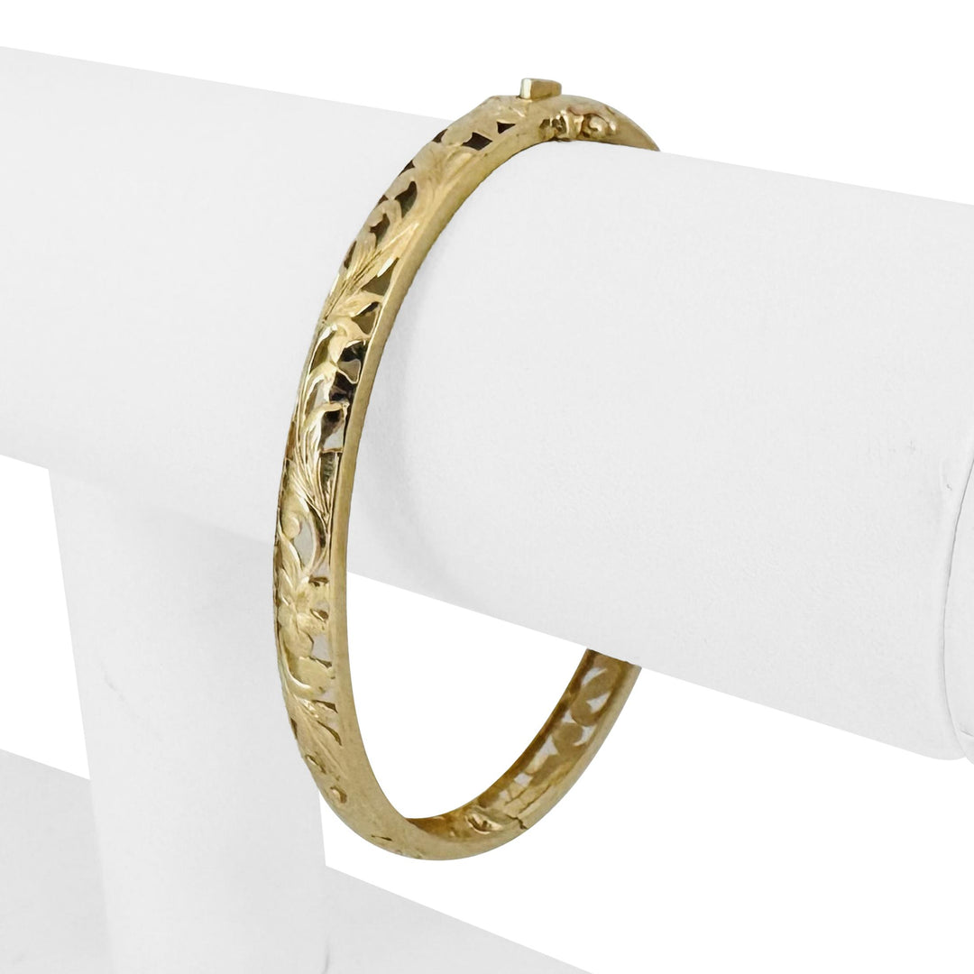 14k Yellow Gold 12.8g Solid Vintage 6mm Floral Bangle Bracelet 7.25"
