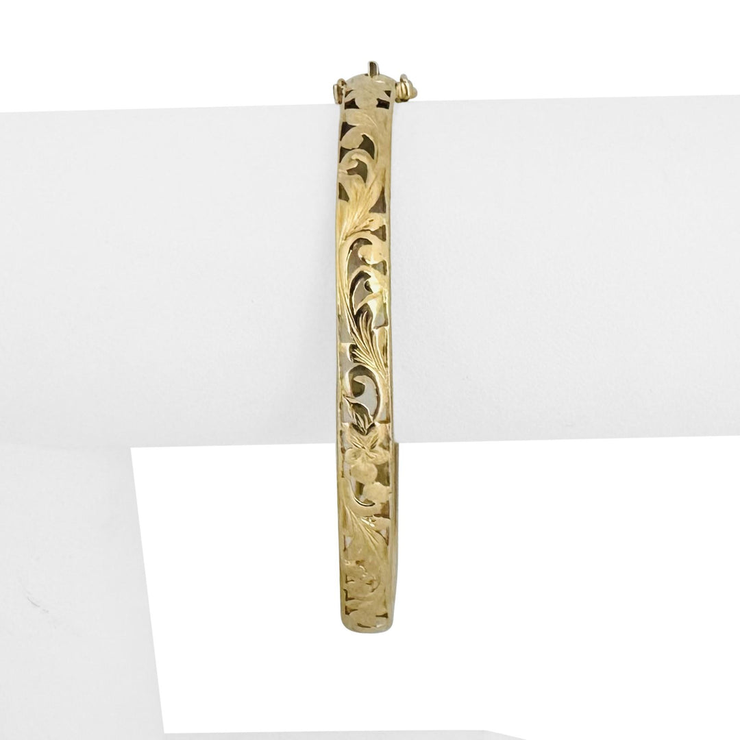 14k Yellow Gold 12.8g Solid Vintage 6mm Floral Bangle Bracelet 7.25"