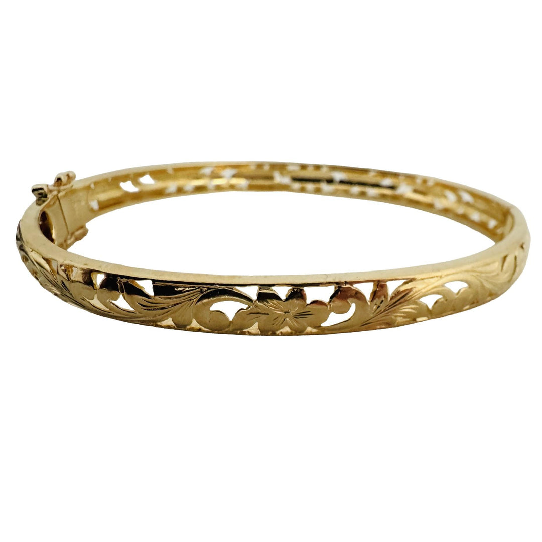 14k Yellow Gold 12.8g Solid Vintage 6mm Floral Bangle Bracelet 7.25"