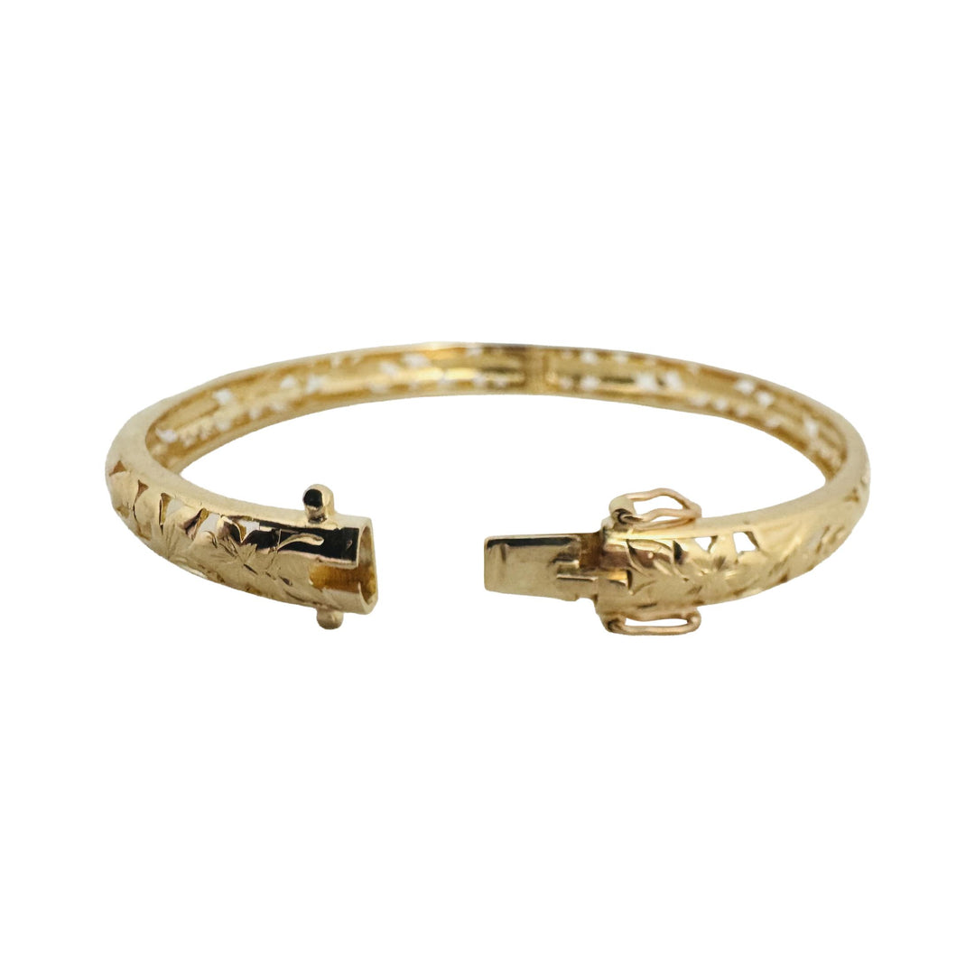 14k Yellow Gold 12.8g Solid Vintage 6mm Floral Bangle Bracelet 7.25"