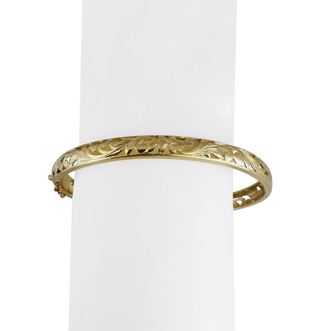 14k Yellow Gold 12.8g Solid Vintage 6mm Floral Bangle Bracelet 7.25"