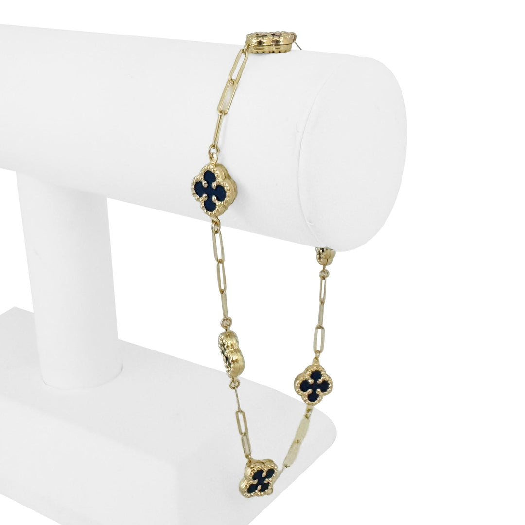 14k Yellow Gold and Lapis Lazuli Paperclip Link Clover Anklet 10"