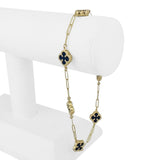 14k Yellow Gold and Lapis Lazuli Paperclip Link Clover Anklet 10"