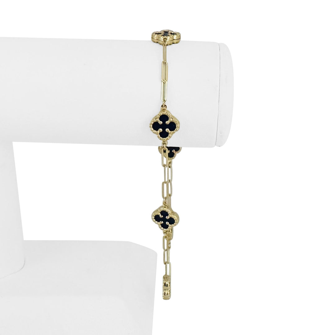 14k Yellow Gold and Lapis Lazuli Paperclip Link Clover Anklet 10"