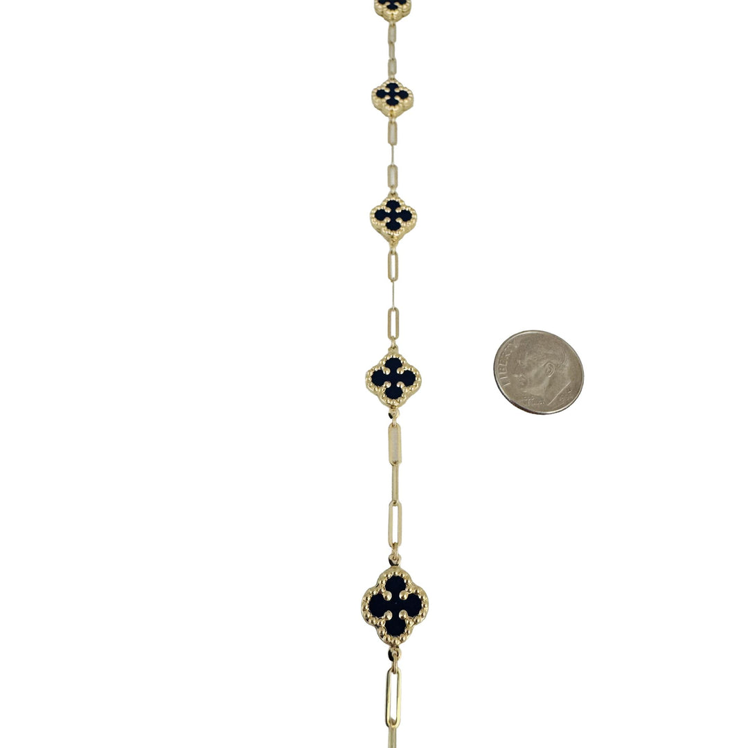 14k Yellow Gold and Lapis Lazuli Paperclip Link Clover Anklet 10"