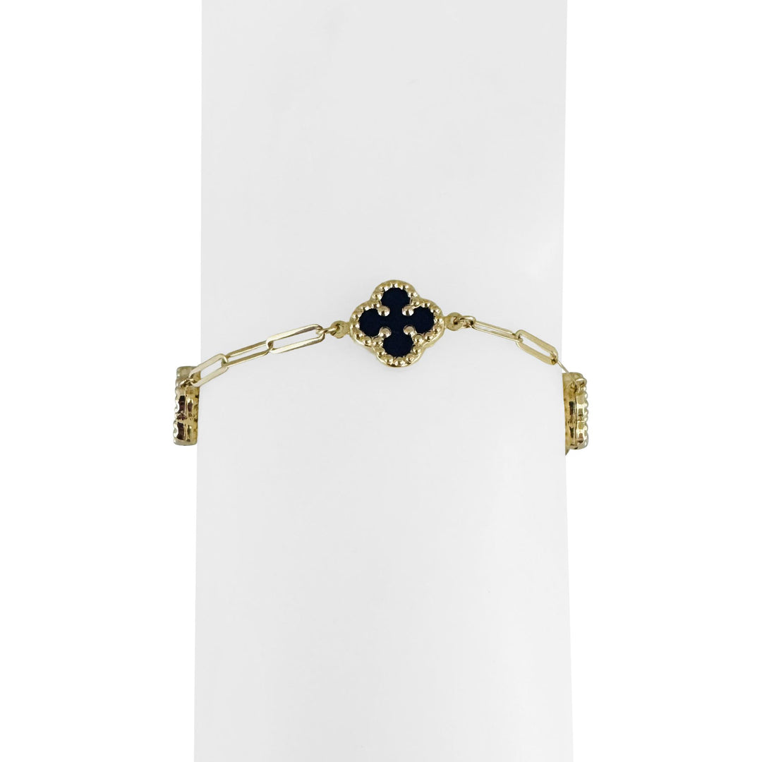 14k Yellow Gold and Lapis Lazuli Paperclip Link Clover Anklet 10"