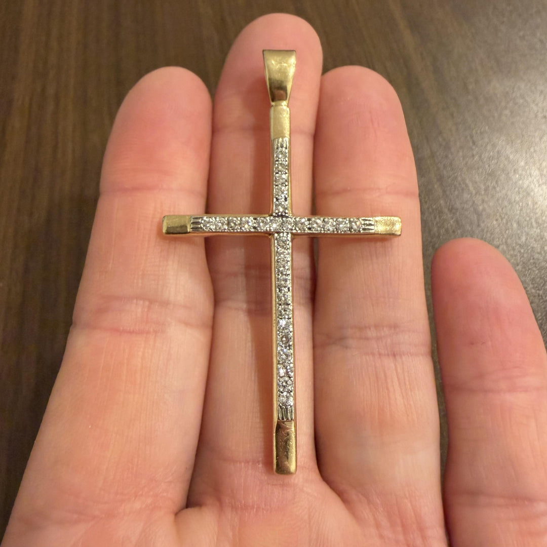 14k Yellow Gold and  0.80cttw Diamond 16.5g Solid Heavy Large Cross Pendant 2.5"