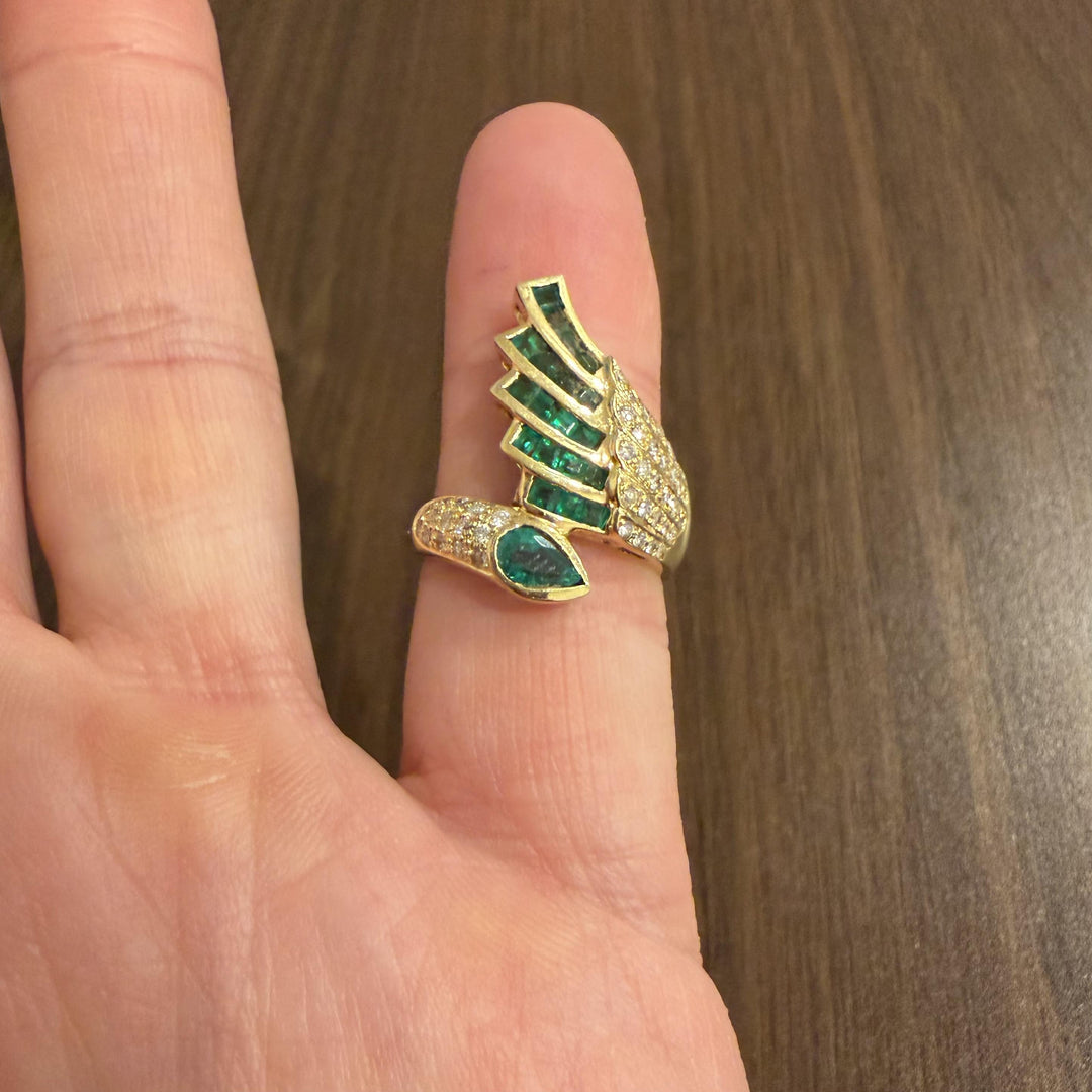 14k Yellow Gold Emerald and Diamond Ladies Bypass Ring Size 6.75