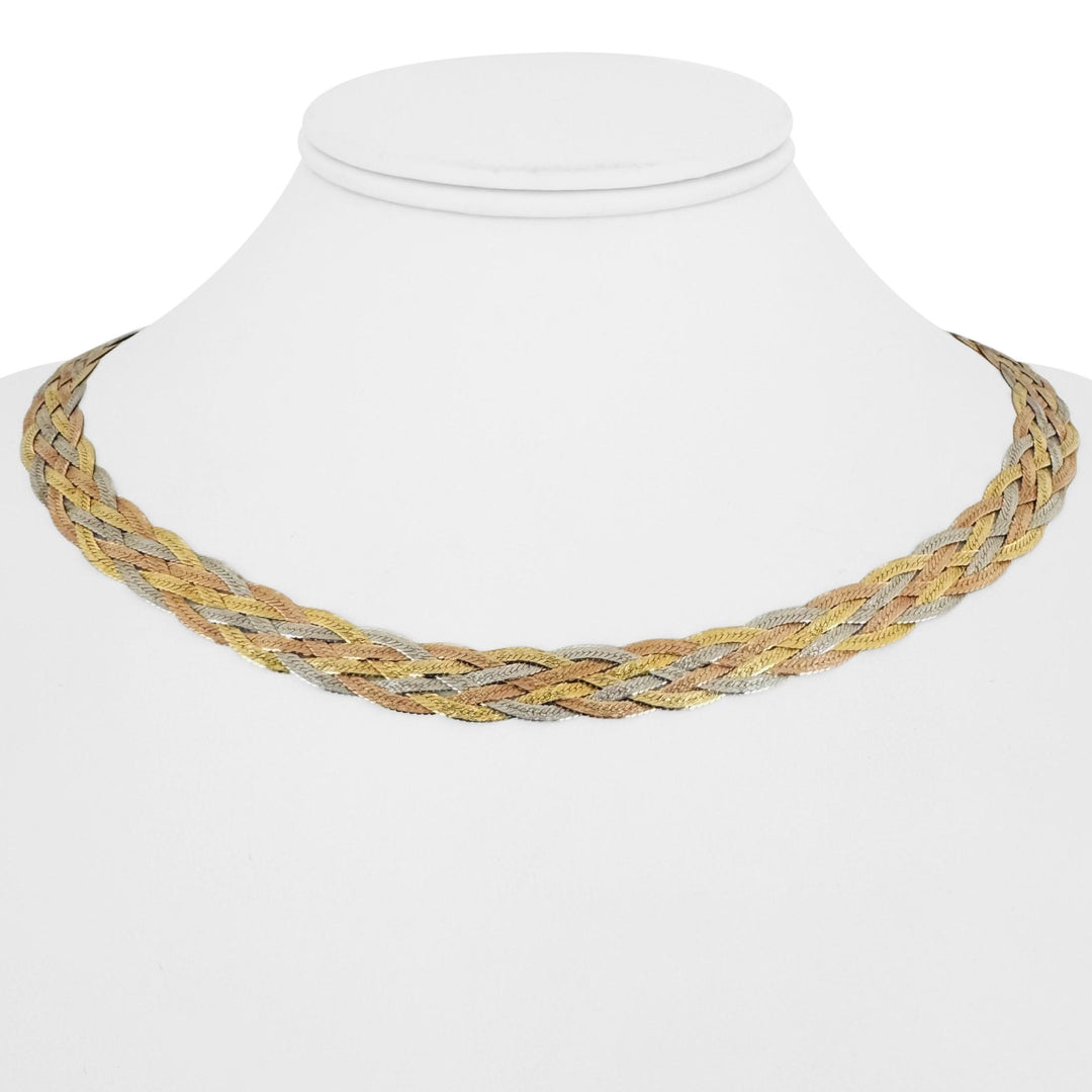 14k Tri Tone Gold 15.4g Ladies Braided Herringbone Necklace Italy 18"