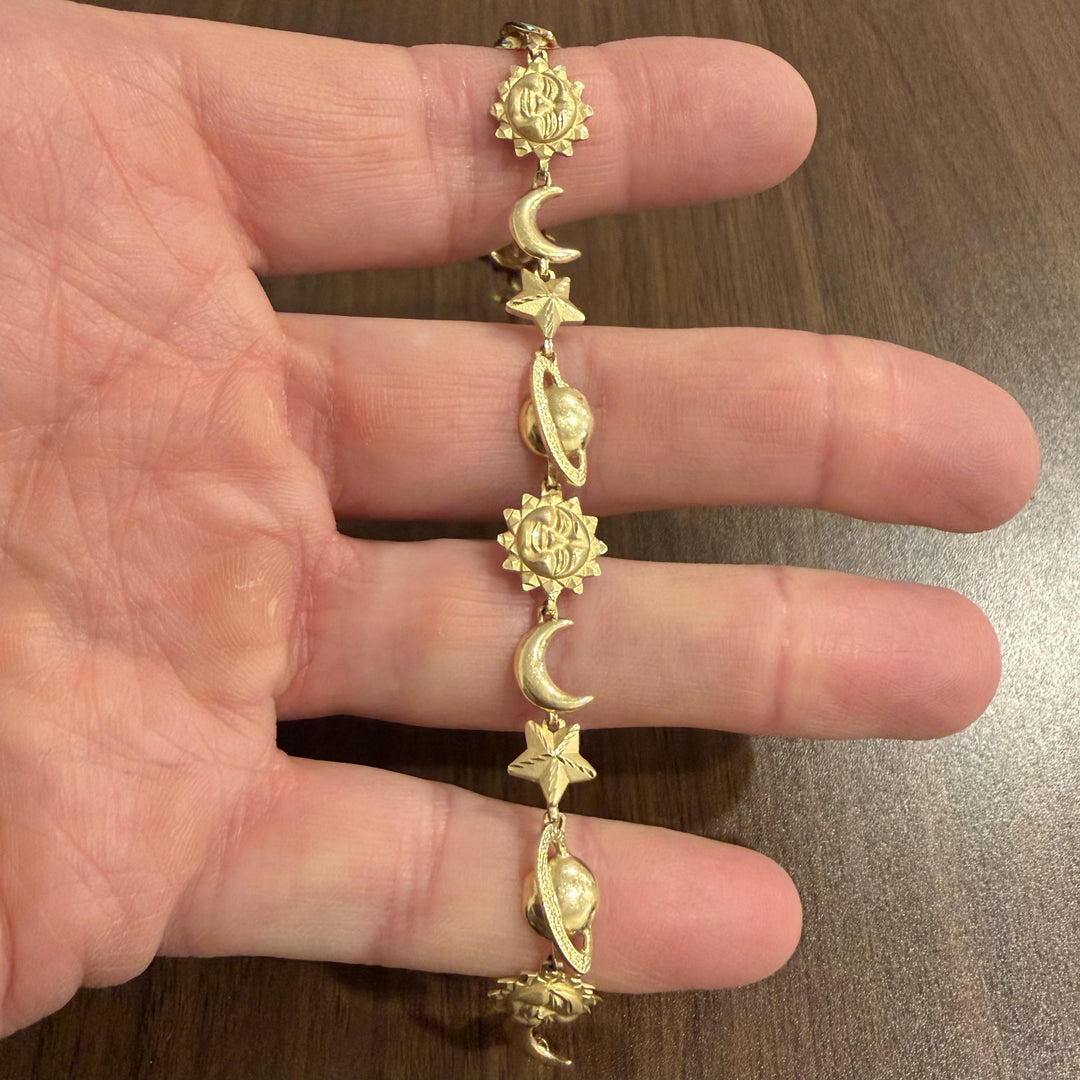 14k Yellow Gold 9.7g Moon Sun Stars Planets Charm Link Bracelet 7"