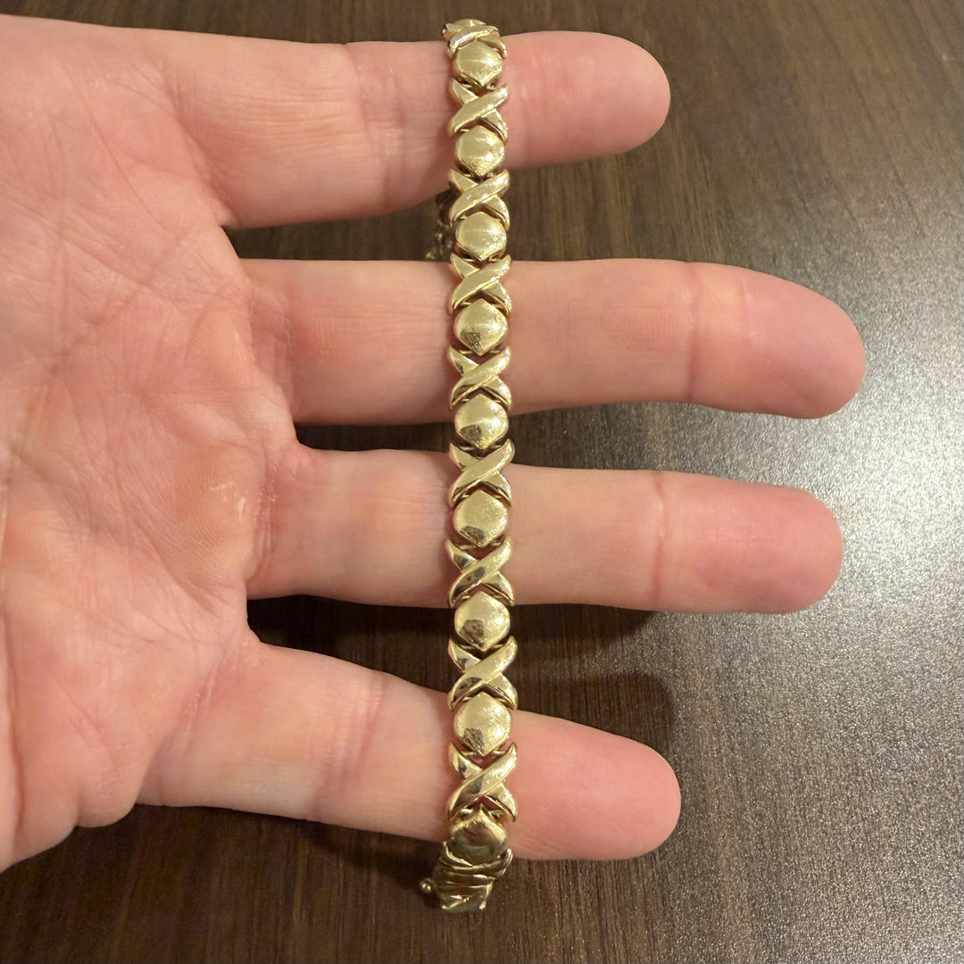14k Yellow Gold 15.2g Ladies 8.5mm XO Hugs and Kisses Link Bracelet Italy 7.25"