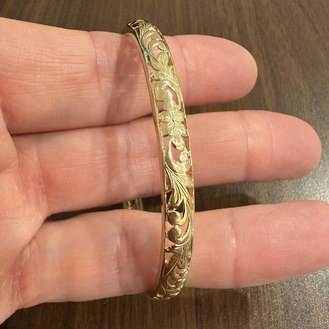 14k Yellow Gold 12.8g Solid Vintage 6mm Floral Bangle Bracelet 7.25"