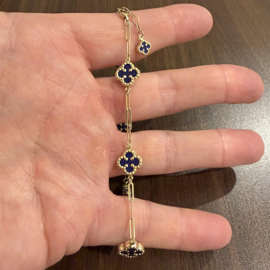 14k Yellow Gold and Lapis Lazuli Paperclip Link Clover Anklet 10"