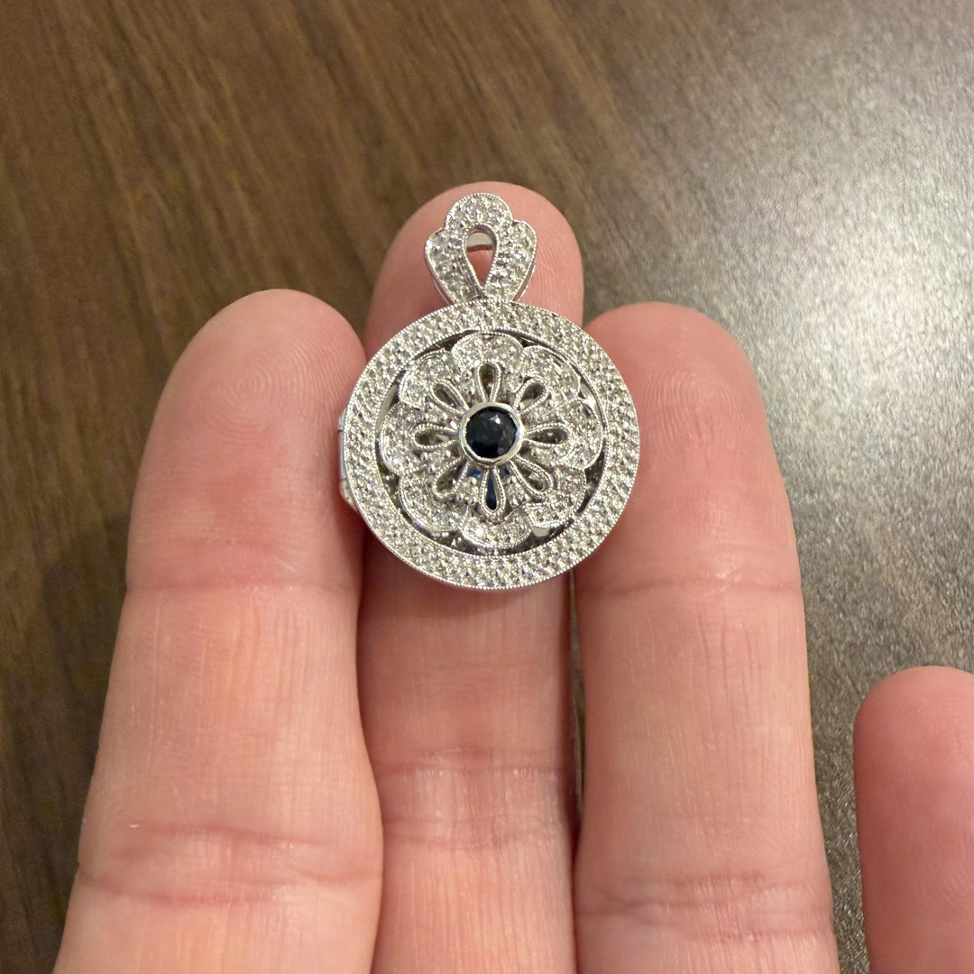 14k White Gold Blue Sapphire and Diamond Vintage Locket Pendant 1.25"