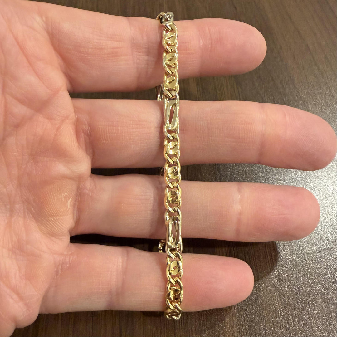 18k Yellow and White Gold 8.8g Semi Solid Fancy Figaro Link Bracelet Italy 8.25"