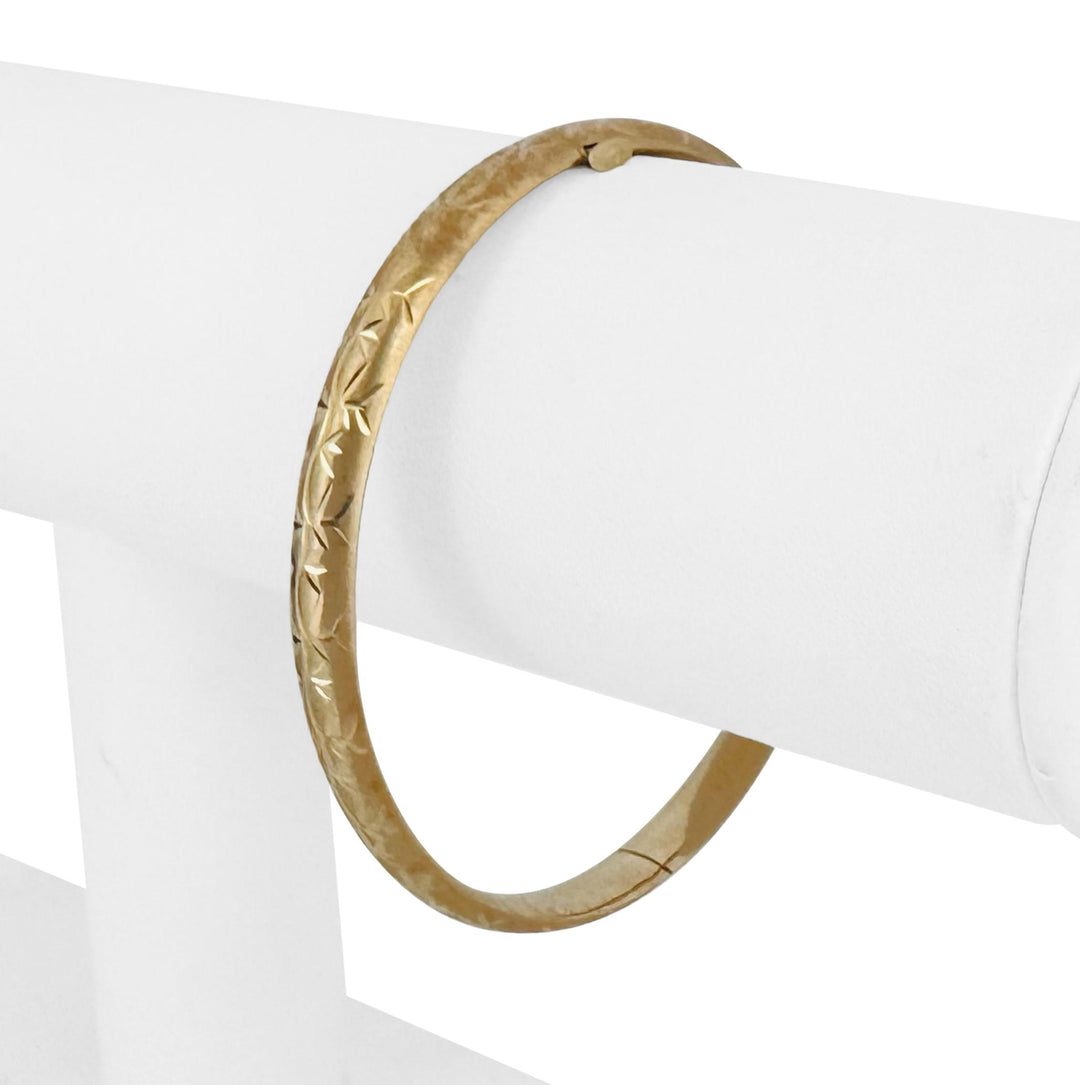 14k Yellow Gold 6.4g Hollow Light 6mm Diamond Cut Floral Bangle Bracelet 7"