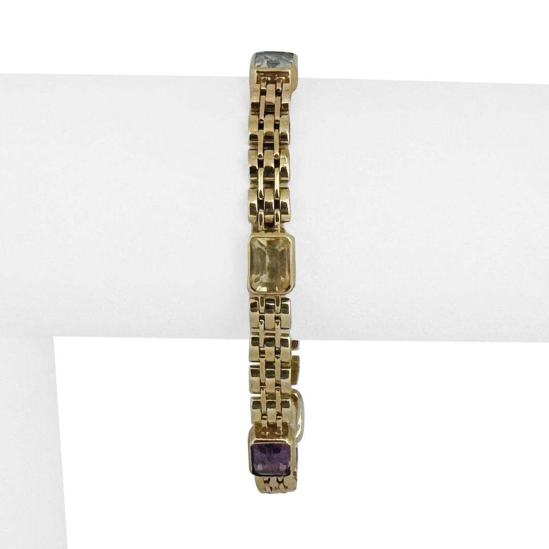 14k Yellow Gold 17g Bezel Set Multi Gemstone 7mm Fancy Link Bracelet Italy 7"