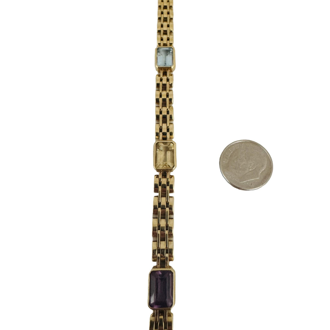 14k Yellow Gold 17g Bezel Set Multi Gemstone 7mm Fancy Link Bracelet Italy 7"