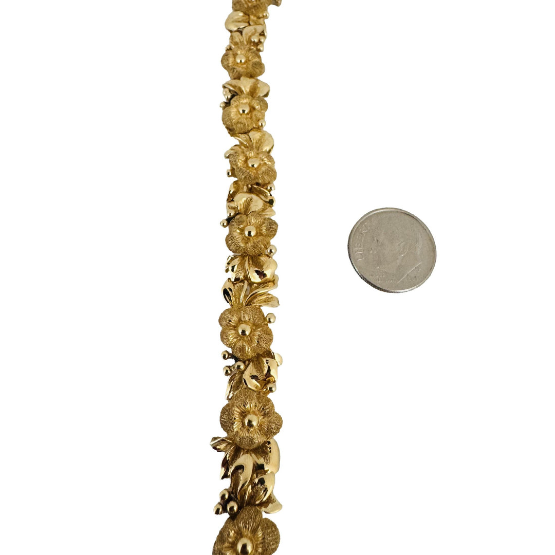 14k Yellow Gold 30g Solid Heavy 12mm Fancy Floral Link Bracelet 7"